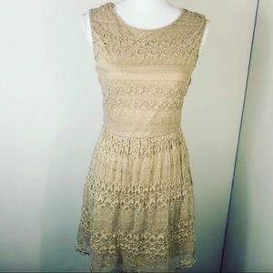 Three Pink Hearts Taupe Lace Dress | M